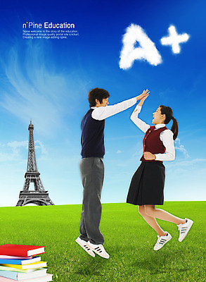 PSD 편집 편집이미지 문자 여학생 여자 교육 남자 남학생 청소년 하늘 고등학생 사람 잔디 두명 책 파이팅 에펠탑 합성 하이파이브 에이플러스 십대만 이미지편집 식물 학생 모션 손짓 파리 점수 랜드마크 파일형식