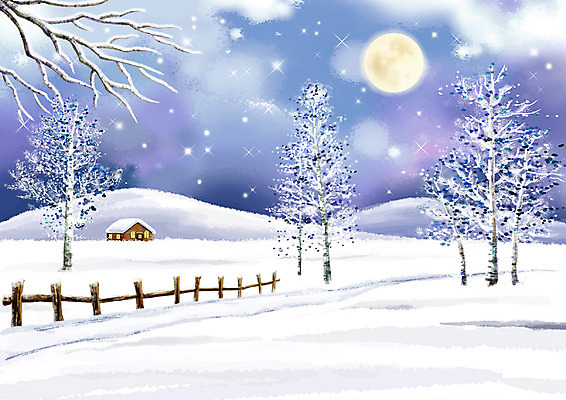 PSD 나무 식물 사계절 계절 별 백그라운드 설경 겨울 일러스트 자연 페인터 수채화 산 풍경 사람없음 야외 울타리 설원 달 눈 야간 수제그림 눈내림 겨울배경 국내일러스트 자연요소 페인팅 날씨 눈_날씨 담장 생태계 파일형식
