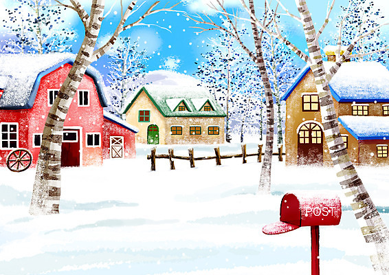 PSD 나무 사계절 계절 백그라운드 설경 겨울 일러스트 자연 페인터 수채화 산 주택 풍경 사람없음 야외 울타리 마을 설원 우체통 눈 오브젝트 수제그림 눈내림 겨울배경 국내일러스트 자연요소 식물 페인팅 날씨 눈_날씨 건물 담장 생태계 파일형식