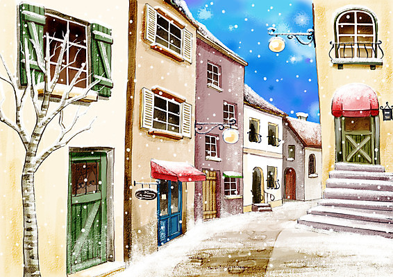 PSD 나무 식물 사계절 계절 공공시설 백그라운드 겨울 가로등 일러스트 자연 페인터 수채화 거리 풍경 사람없음 야외 건물 상점 눈 도시 야간 수제그림 눈내림 겨울배경 국내일러스트 자연요소 건축물 페인팅 날씨 눈_날씨 시설 생태계 파일형식