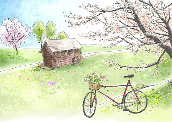 주간 PSD 나무 식물 사계절 계절 꽃 길 육상교통 백그라운드 일러스트 자연 페인터 하늘 수채화 꽃나무 풍경 초원 사람없음 야외 자전거 봄풍경 봄 벚꽃 오두막 수제그림 봄배경 국내일러스트 자연요소 교통수단 페인팅 바이크 생태계 파일형식
