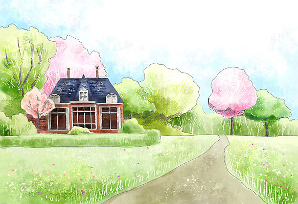 PSD 나무 식물 사계절 계절 꽃 길 백그라운드 일러스트 자연 페인터 하늘 수채화 주택 꽃나무 풍경 초원 사람없음 봄풍경 봄 숲 오두막 오솔길 수제그림 봄배경 국내일러스트 페인팅 건물 생태계 파일형식