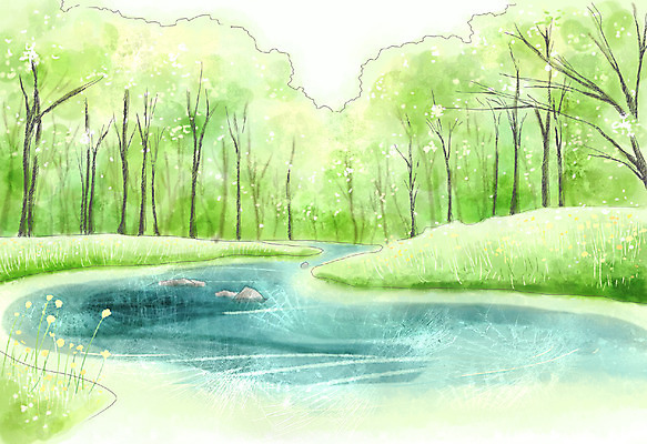 주간 PSD 나무 식물 사계절 계절 꽃 백그라운드 일러스트 자연 페인터 수채화 풍경 사람없음 야외 봄풍경 봄 물가 개울 숲 수제그림 봄배경 국내일러스트 자연요소 페인팅 강 생태계 파일형식