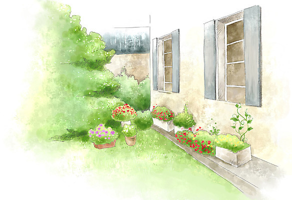 PSD 나무 식물 사계절 계절 꽃 화분 백그라운드 일러스트 창문 자연 페인터 수채화 주택 풍경 사람없음 야외 건물 정원 봄풍경 봄 수제그림 화단 뒤뜰 봄배경 국내일러스트 건축물 페인팅 생태계 파일형식