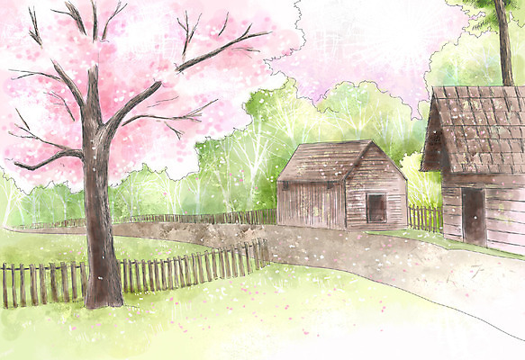 PSD 나무 식물 사계절 계절 길 백그라운드 일러스트 봄꽃 자연 페인터 수채화 주택 꽃나무 풍경 사람없음 야외 울타리 봄풍경 봄 벚꽃 숲 오두막 수제그림 봄배경 국내일러스트 꽃 페인팅 건물 담장 생태계 파일형식