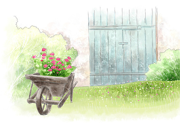 PSD 나무 사계절 계절 꽃 육상교통 벽 백그라운드 일러스트 자연 페인터 수채화 풍경 잔디 사람없음 야외 문 수레 봄풍경 봄 창고 수제그림 봄배경 국내일러스트 식물 교통수단 페인팅 카트 생태계 파일형식