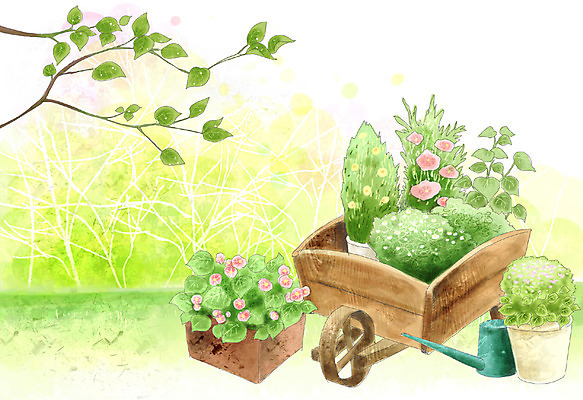 PSD 나무 식물 사계절 계절 꽃 화분 육상교통 백그라운드 일러스트 자연 페인터 수채화 풍경 사람없음 야외 수레 봄풍경 봄 물뿌리개 수제그림 봄배경 국내일러스트 교통수단 페인팅 카트 생태계 파일형식