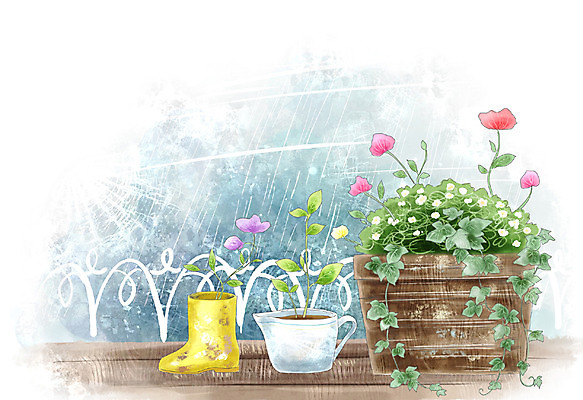 PSD 식물 사계절 계절 꽃 화분 백그라운드 일러스트 자연 페인터 주전자 수채화 장화 풍경 사람없음 울타리 봄풍경 봄 비 수제그림 봄배경 국내일러스트 자연요소 신발 페인팅 주방용품 날씨 담장 생태계 파일형식