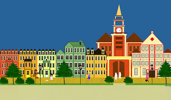 PSD 나무 식물 공공시설 여자 길 백그라운드 가로등 일러스트 사람 풍경 빌딩 여러명 야외 건물 도시 보행자 개 강아지 가로수 시계탑 수녀 여자만 국내일러스트 건축물 다수 포유류 반려동물 탑 천주교 시설 파일형식