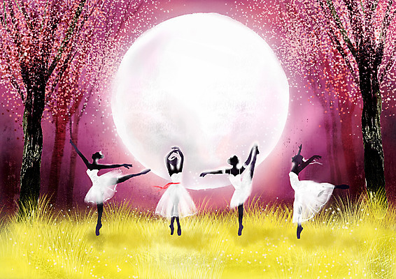 PSD 나무 직업 여자 문화 예술 포즈 백그라운드 일러스트 자연 페인터 사람 여러명 야외 빛 댄서 보름달 달 춤 풀 야간 발레 발레리나 감성 자연주의 여자만 국내일러스트 자연요소 식물 다수 컨셉 페인팅 문화예술 생태계 파일형식