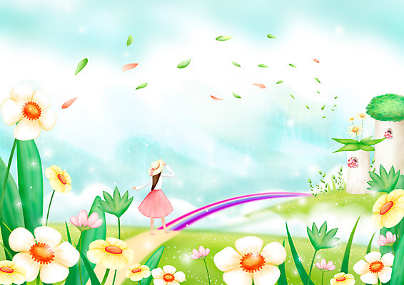 전신 PSD 계절 여자 꽃잎 꽃 백그라운드 무지개 꽃밭 일러스트 상상 페인터 하늘 날리기 바람 주택 서기 사람 풍경 초원 야외 판타지 봄 꽃가루 무지개다리 봄바람 여자만 봄배경 국내일러스트 자연요소 식물 모션 페인팅 날씨 건물 다리_건축물 가루 파일형식