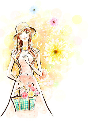 PSD 모델 모자 라이프스타일 긴머리 드레스 계절 여자 패션 꽃 가방 꽃백그라운드 일러스트 페인터 한명 사람 20대 성인 유행 봄 핸드백 데이지 꽃바구니 화사함 토트백 여자만 여자한명만 성인여자만 청년만 청년여자만 성인한명만 청년여자한명만 성인여자한명만 성인만 국내일러스트 식물 1 헤어스타일 잡화 옷 백그라운드 컨셉 페인팅 청년 생활 바구니 파일형식