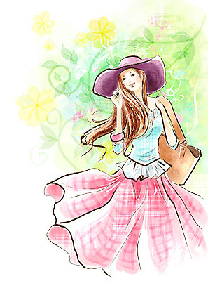 PSD 모델 모자 라이프스타일 드레스 계절 여자 패션 꽃 가방 꽃백그라운드 일러스트 페인터 한명 사람 20대 성인 치마 유행 봄 핸드백 블라우스 화사함 플레어스커트 여자만 여자한명만 성인여자만 청년만 청년여자만 성인한명만 청년여자한명만 성인여자한명만 성인만 국내일러스트 식물 1 잡화 옷 백그라운드 컨셉 상의 페인팅 하의 청년 생활 파일형식