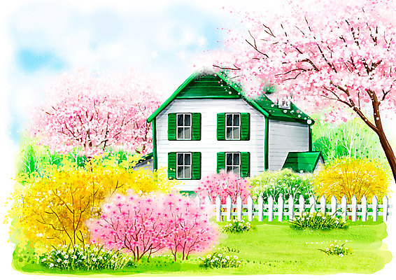 주간 PSD 나무 식물 구름 사계절 계절 꽃 백그라운드 꽃밭 일러스트 봄꽃 자연 페인터 하늘 수채화 주택 꽃나무 풍경 사람없음 야외 울타리 봄 벚꽃 벚나무 개나리 진달래 수제그림 이층집 봄배경 국내일러스트 자연요소 페인팅 건물 담장 생태계 파일형식