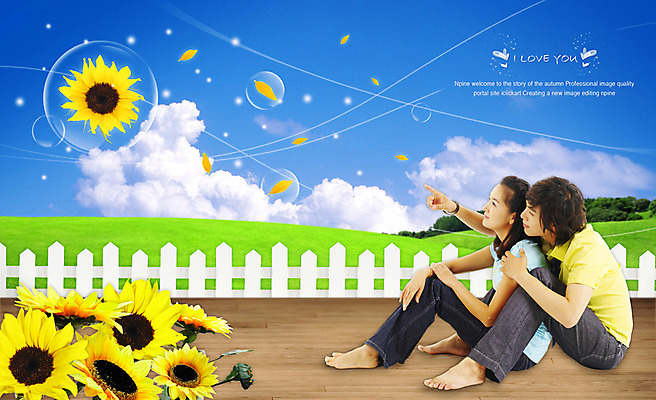 PSD 나무 구름 편집 편집이미지 커플 여자 남자 꽃 행복 하늘 나뭇잎 해바라기 사랑 사람 앉기 손짓 잔디 20대 성인 두명 울타리 청춘 물방울 가리킴 숲 즐거움 공기방울 나무바닥 합성 청년만 성인만 이미지편집 자연요소 식물 감정 컨셉 잎 관계 모션 바닥 청년 담장 파일형식