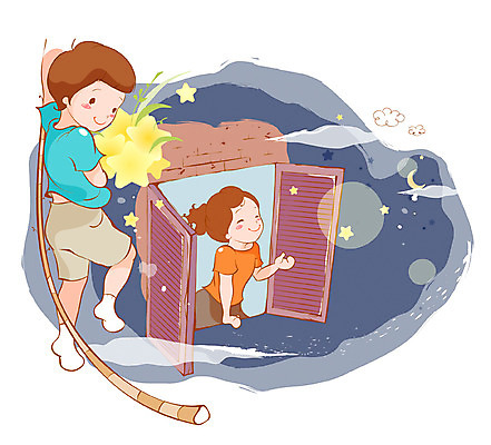 EPS 커플 여자 남자 별 어린이 줄 일러스트 창문 상상 선물 사랑 사람 소녀 소년 두명 10대 판타지 달 초승달 어린이상상 별따기 십대만 동심 국내일러스트 자연요소 감정 관계 청소년 파일형식 벡터