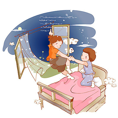EPS 구름 여자 남자 어린이 일러스트 창문 상상 사람 소녀 소년 두명 10대 판타지 꿈 달 침대 비행 커튼 어린이상상 십대만 동심 국내일러스트 자연요소 가구 청소년 파일형식 벡터