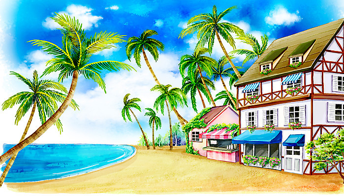 주간 PSD 나무 식물 구름 사계절 계절 꽃 모래 바다 백그라운드 일러스트 자연 페인터 하늘 수채화 주택 풍경 해변 사람없음 야외 건물 여름 모래사장 야자수 상점 여름풍경 시원함 국내일러스트 자연요소 건축물 페인팅 생태계 파일형식 여름_계절