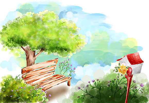 PSD 나무 식물 계절 꽃 백그라운드 벤치 의자 일러스트 자연 페인터 붓터치 수채화 한그루 풍경 사람없음 야외 봄풍경 봄 우체통 숲 그림 수제그림 봄배경 국내일러스트 1 가구 페인팅 생태계 파일형식