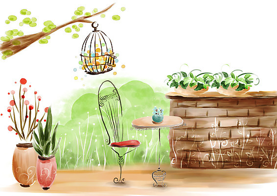 PSD 나무 식물 계절 화분 벽 가구 백그라운드 의자 일러스트 자연 페인터 탁자 붓터치 수채화 풍경 사람없음 야외 장식 담장 봄풍경 봄 나뭇가지 숲 그림 수제그림 새장 봄배경 국내일러스트 생활용품 페인팅 생태계 케이지 파일형식