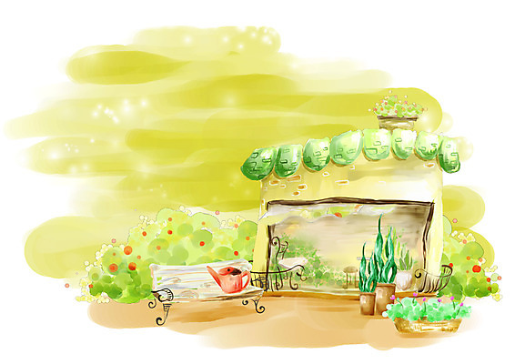 PSD 계절 꽃 화분 백그라운드 벤치 의자 일러스트 자연 페인터 붓터치 수채화 풍경 사람없음 야외 상점 봄풍경 봄 물뿌리개 숲 꽃집 그림 수제그림 봄배경 국내일러스트 식물 가구 페인팅 생태계 파일형식