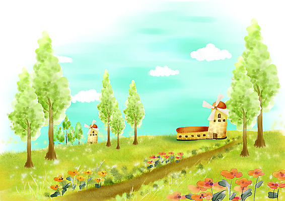 PSD 나무 식물 구름 계절 공공시설 꽃 길 백그라운드 일러스트 자연 페인터 하늘 붓터치 수채화 풍경 초원 사람없음 야외 봄풍경 봄 풍차 시골 풍력에너지 그림 수제그림 시골길 꽃길 봄배경 국내일러스트 자연요소 페인팅 그린에너지 시설 생태계 파일형식
