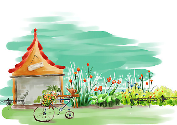 PSD 식물 계절 꽃 육상교통 백그라운드 꽃밭 일러스트 자연 페인터 붓터치 수채화 주택 풍경 사람없음 야외 건물 울타리 자전거 봄풍경 봄 그림 수제그림 봄배경 국내일러스트 건축물 교통수단 페인팅 담장 바이크 생태계 파일형식
