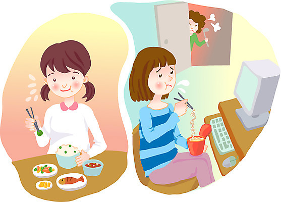 EPS 학생 라이프스타일 여자 딸 의자 일러스트 식탁 탁자 엄마 건강 사람 앉기 라이프 세명 컴퓨터 부모 건강관리 모니터 식사 방 분노 자녀 키보드 마우스 비교 인스턴트 상차림 밥상 책상 방문 식습관 컵라면 여자만 국내일러스트 감정 음식 가구 컨셉 가족 모션 관리 생활 전자제품 컴퓨터용품 라면 파일형식 벡터