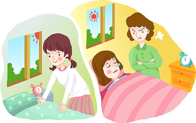 EPS 학생 라이프스타일 여자 딸 일러스트 창문 엄마 아침 실내 건강 사람 라이프 세명 부모 건강관리 침실 방 자명종 분노 짜증 자녀 기상 침대 잠 비교 규칙 늦잠 게으름 생활습관 정리정돈 여자만 국내일러스트 주간 감정 시계 가구 컨셉 가족 모션 관리 내부 생활 알람 습관 파일형식 벡터