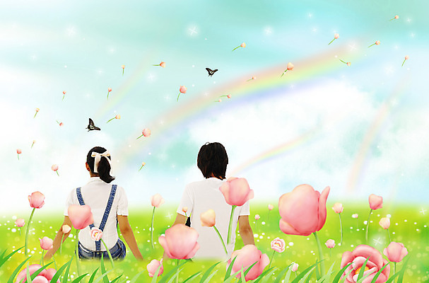 PSD 식물 구름 편집 편집이미지 커플 사계절 계절 여자 남자 꽃잎 꽃 나비 무지개 꽃밭 자연 하늘 날리기 바람 사람 앉기 초원 상반신 20대 성인 두명 뒷모습 빛 봄 합성 청년만 성인만 이미지편집 자연요소 뷰포인트 곤충 관계 모션 날씨 청년 생태계 파일형식