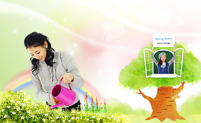 PSD 나무 식물 편집 편집이미지 사계절 계절 여자 꽃 무지개 창문 자연 알림판 사람 상반신 20대 성인 두명 빛 봄 물뿌리개 알림 물주기 합성 여자만 성인여자만 청년만 청년여자만 성인만 이미지편집 자연요소 모션 청년 생태계 파일형식