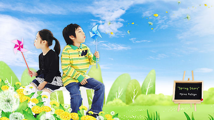 PSD 나무 식물 구름 편집 편집이미지 사계절 계절 여자 남자 꽃잎 꽃 어린이 자연 하늘 알림판 사람 앉기 소녀 소년 초원 두명 옆모습 봄 등맞대기 풀 민들레 바람개비 합성 민들레홀씨 어린이만 이미지편집 자연요소 뷰포인트 모션 생태계 파일형식