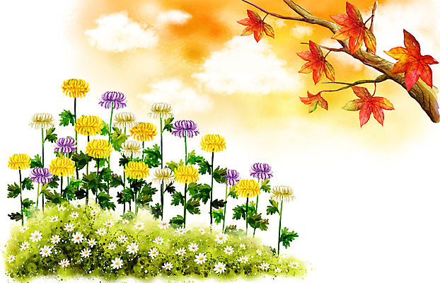 PSD 나무 식물 구름 사계절 계절 꽃 백그라운드 단풍 꽃밭 일러스트 자연 페인터 하늘 단풍나무 국화 풍경 사람없음 야외 가을풍경 가을 나뭇가지 가을배경 국내일러스트 자연요소 잎 페인팅 생태계 파일형식 가을_계절