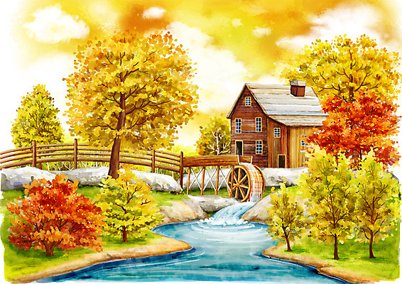 PSD 나무 식물 구름 사계절 계절 백그라운드 단풍 일러스트 자연 페인터 하늘 단풍나무 주택 풍경 사람없음 야외 건물 농가 가을풍경 가을 돌_바위 바위 개울 방아 물레방아 가교 가을배경 국내일러스트 자연요소 건축물 잎 페인팅 강 농장 생태계 파일형식 가을_계절