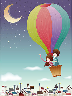 EPS 구름 커플 공공시설 여자 남자 별 가로등 데이트 일러스트 상상 밤하늘 조명 주택 사랑 사람 소년 야외 두명 건물 마을 달 기구 열기구 비행 야간 초승달 별빛 국내일러스트 자연요소 건축물 감정 어린이 관계 항공교통 하늘 빛 시설 파일형식 벡터