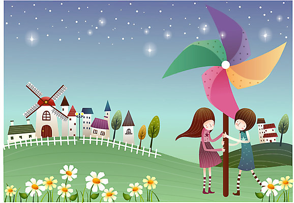 EPS 나무 커플 공공시설 여자 남자 꽃 별 가로등 데이트 일러스트 상상 주택 사랑 사람 소년 야외 두명 건물 울타리 마을 풍차 바람개비 언덕 별빛 국내일러스트 자연요소 식물 건축물 감정 어린이 관계 빛 담장 시설 파일형식 벡터