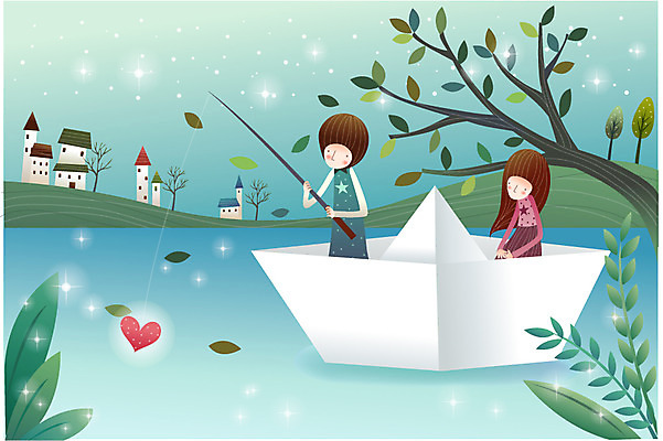 EPS 나무 커플 여자 남자 별 호수 데이트 일러스트 상상 낚시 나뭇잎 주택 사랑 사람 소년 야외 두명 건물 강 판타지 하트 풀 낚싯대 종이배 별빛 선박 국내일러스트 자연요소 모양 식물 건축물 감정 어린이 수상교통 잎 관계 레저 빛 낚시용품 종이접기 파일형식 벡터