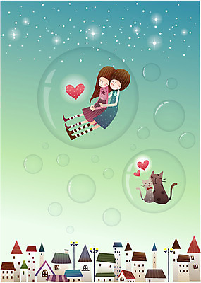 EPS 커플 공공시설 여자 남자 별 가로등 일러스트 상상 조명 주택 사랑 사람 소년 두명 건물 판타지 마을 고양이 하트 비행 공기방울 별빛 국내일러스트 자연요소 모양 건축물 감정 어린이 포유류 관계 빛 반려동물 시설 파일형식 벡터