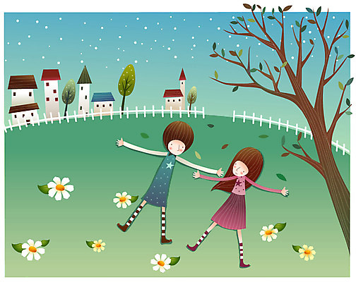 EPS 나무 커플 여자 남자 꽃잎 꽃 잎 데이트 일러스트 상상 휴식 나뭇잎 주택 사랑 사람 소년 초원 야외 두명 건물 울타리 마을 국내일러스트 식물 건축물 감정 어린이 컨셉 관계 담장 파일형식 벡터