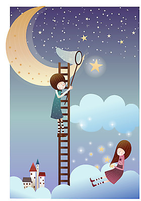 EPS 구름 커플 여자 남자 별 일러스트 사다리 상상 하늘 주택 사랑 사람 소년 야외 두명 건물 판타지 달 야간 초승달 별빛 채집망 별따기 국내일러스트 자연요소 건축물 감정 어린이 관계 빛 도구 파일형식 벡터