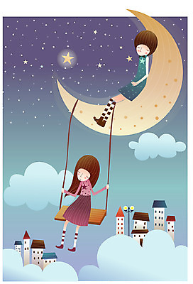 EPS 구름 커플 여자 남자 별 일러스트 상상 밤하늘 휴식 주택 사랑 사람 소년 야외 두명 건물 판타지 마을 달 야간 초승달 그네 별빛 국내일러스트 자연요소 건축물 감정 어린이 컨셉 관계 하늘 빛 파일형식 벡터