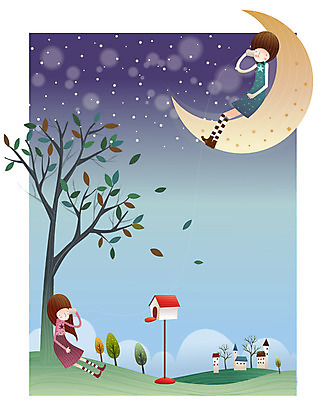 EPS 나무 구름 커플 여자 남자 별 일러스트 상상 밤하늘 나뭇잎 주택 대화 사랑 사람 소년 야외 두명 건물 우체통 달 야간 초승달 실전화기 뭉게구름 언덕 통화 별빛 국내일러스트 자연요소 식물 건축물 감정 어린이 잎 관계 모션 하늘 말하기 빛 파일형식 벡터 구름_자연