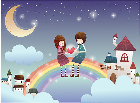 EPS 구름 커플 여자 남자 별 무지개 일러스트 상상 주택 사랑 사람 소년 야외 두명 건물 판타지 달 하트 야간 초승달 별빛 국내일러스트 자연요소 모양 건축물 감정 어린이 관계 빛 파일형식 벡터