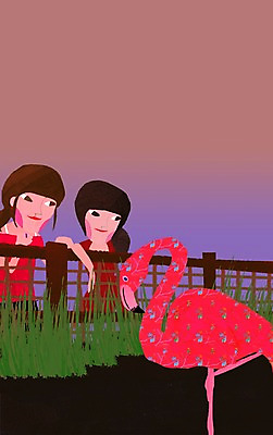 PSD 식물 동물 한마리 라이프스타일 여자 일러스트 조류 동물원 사람 상반신 취미 야외 두명 라이프 울타리 소풍 풀 플라밍고 구경 관람 여자만 국내일러스트 1 생활 담장 야외활동 파일형식