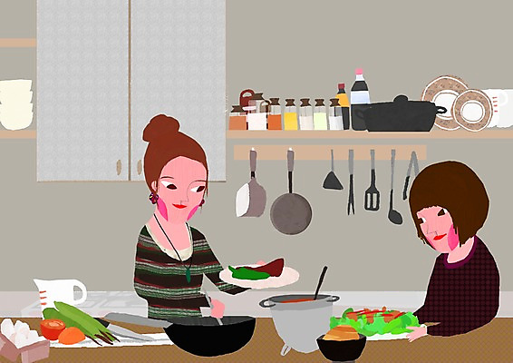 PSD 라이프스타일 그릇 식기 접시 여자 음식 가사 채소 일러스트 식재료 주방용품 선반 도마 실내 집게 요리 들기 사람 상반신 두명 라이프 주방 대접 양념 프라이팬 칼 솥 냄비 찬장 국자 담기 만들기 간장 양념통 뒤집개 여자만 국내일러스트 가구 생활용품 모션 통 내부 생활 파일형식