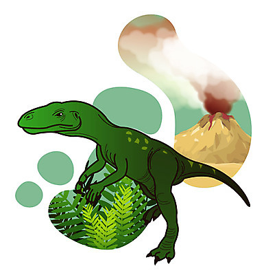 EPS 식물 동물 척추동물 캐릭터 한마리 일러스트 파충류 사람없음 풀 풀잎 연기 폭발 공룡 화산 분출 분화구 용암 화산폭발 공룡캐릭터 육식 멸종 중생대 활화산 백악기 헤레라사우루스 일러캐릭터 1 잎 산 풀_식물 역사 파일형식 벡터