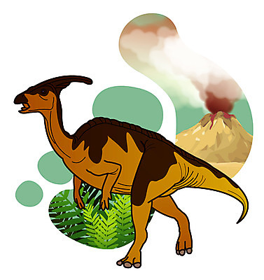 EPS 식물 동물 척추동물 캐릭터 한마리 일러스트 파충류 사람없음 풀 풀잎 연기 폭발 공룡 화산 분출 분화구 용암 화산폭발 공룡캐릭터 멸종 중생대 활화산 백악기 초식 파라사우롤로푸스 일러캐릭터 1 잎 산 풀_식물 역사 초식공룡 파일형식 벡터