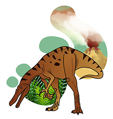 EPS 식물 동물 척추동물 캐릭터 한마리 일러스트 파충류 사람없음 풀 풀잎 연기 폭발 공룡 화산 분출 분화구 용암 화산폭발 공룡캐릭터 육식 멸종 중생대 활화산 바리오닉스 백악기 일러캐릭터 1 잎 산 풀_식물 역사 파일형식 벡터