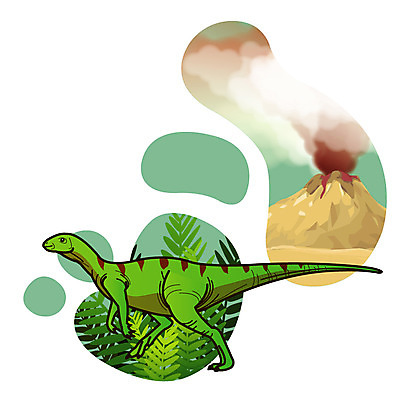 EPS 식물 동물 척추동물 캐릭터 한마리 일러스트 파충류 사람없음 풀 풀잎 연기 폭발 공룡 화산 분출 분화구 용암 화산폭발 공룡캐릭터 멸종 중생대 활화산 백악기 초식 힙실로포돈 일러캐릭터 1 잎 산 풀_식물 역사 파일형식 벡터