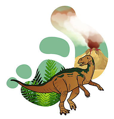 EPS 식물 동물 척추동물 캐릭터 한마리 일러스트 파충류 사람없음 풀 풀잎 연기 폭발 공룡 화산 분출 분화구 용암 화산폭발 공룡캐릭터 멸종 중생대 활화산 백악기 초식 테논토사우루스 일러캐릭터 1 잎 산 풀_식물 역사 초식공룡 파일형식 벡터